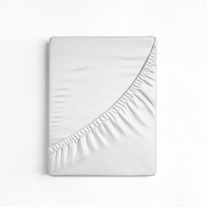 Flat sheet or bed cover folded. White fitted sheet isolated. White sheet with elastic band.